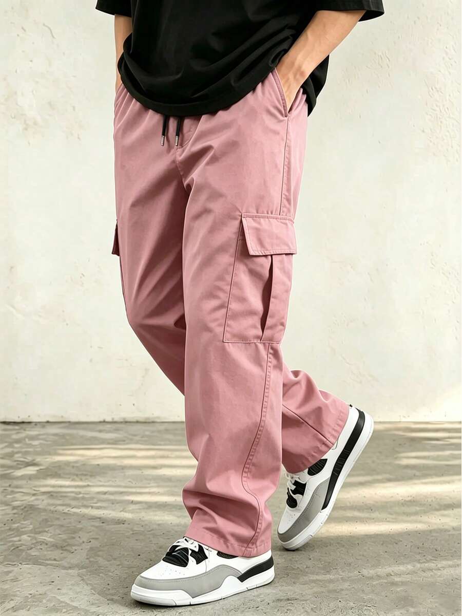 Men's Spring/Autumn Multi-Pocket Cargo Straight Leg Pants, Solid Color Loose Fit, Versatile For Fitness, Commuting And Sports - Pink - View 1