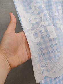 1pc Plaid Pattern Kitchen Short Curtain With Lace Trim And Pom Pom Decoration, Rod Pocket Top (Curtain Rod Not Included) Cabinet Curtain, American Country Pastoral Style Half Curtain, Suitable For Kitchen, Cafe, Bedroom And Other Decor - Blue - View 5