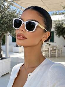 White Retro Square Metal Fashion Sunglasses For Women, Classic Decorative Outdoor Travel Beach Vacation Casual Daily Wear Summer Sun Protection Shading Driving UV Protection Sunglasses - White - View 1