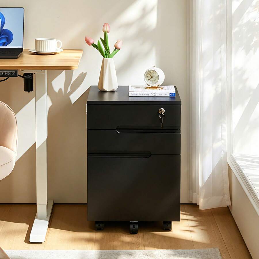CLIPOP Mobile Filing Cabinet 3 Drawers With Lock And Wheels, Under Desk Lockable File Cabinet With Suspension File Hanging Rails For A4/Letter/Legal, Anti-Tilt Office Unit - Black - View 1