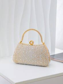 Women's Rhinestone Evening Clutch Bag, Top Handle Frame Clutch, Sparkling Rhinestone And Pearl Decorated Hard Shell Wallet, Luxury Style Suitable For Weddings, Proms - Gold - View 4