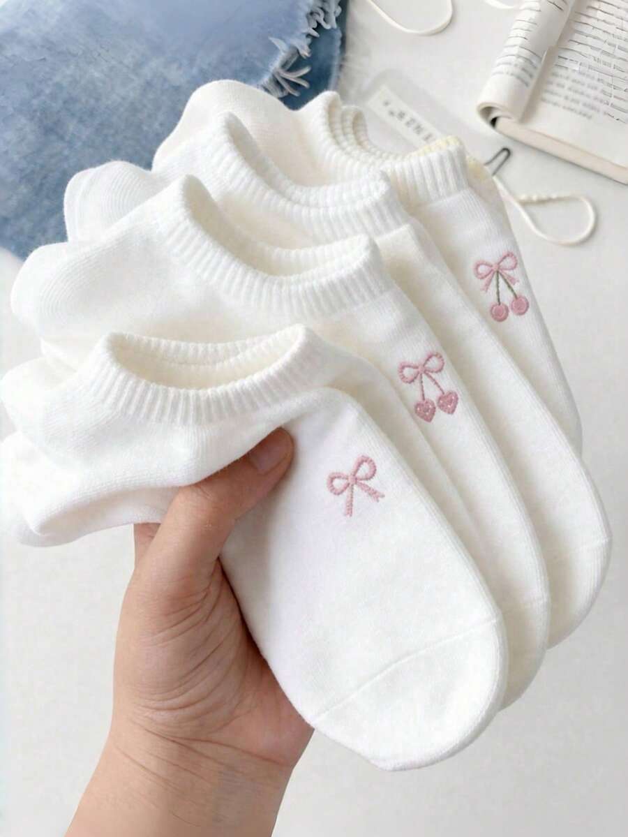 5 Pairs Random (Non-Embroidered) White Bow Cherry Preppy Boat Socks, Breathable & Comfortable, Suitable For All Seasons, Random Colors - Multicolor - View 1