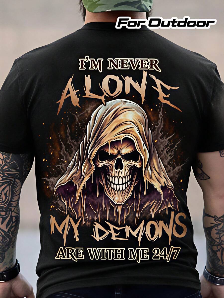 T-shirt imprimé crâne gothique audacieux pour hommes - Manches courtes col rond chemise décontractée d'été avec ///Gris////// //Doré/ - Lavable en machine pour un port extérieur et décontracté - Noir - Voir 1