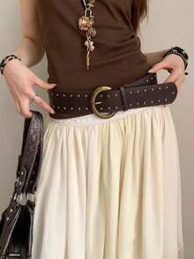 1 peça cinto feminino vintage castanho com fivela, acessório de moda clássico em PU com rebites, cinto largo casual para deslocações e férias, para vestidos e calças, adequado para uso diário, encontros e festas - Multicolorido - Ver 2