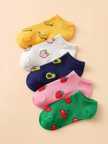 5 pares de calcetines cortos de mujer con estampado de fresa de frutas coloridos y lindos - Multicolor - Ver 7
