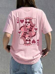 1件女款夏季寬鬆休閒圓領短袖T恤上衣 INS 風格，附「Queen Of Hearts」紅酒主題印花圖案，粉紅色 - 粉色 - 查看 3
