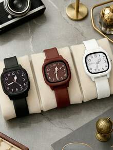 1 Set/1 Piece Women's Three-Color Square Dial Silicone Quartz Watch Set - Versatile Casual Accessory & Birthday Gift - Brown - View 10