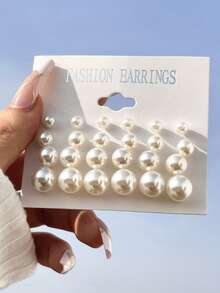 12 Pairs Ins Influencer Style Mixed Size Pearl Stud Earrings, Minimalist Cold Style Versatile All-Match Jewelry Set For Girls And Women - Beige - View 1