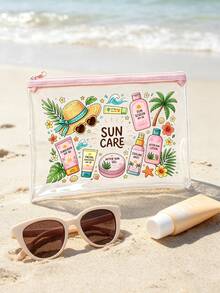 「Sun Protection」印花 PVC 化妝包，拉鍊式 PVC 旅行收納袋，輕量耐褪色化妝盥洗包，符合 TSA 標準且易攜帶，易擦拭清潔，適合送給老師或朋友的禮物，也是學校假期旅行必備的防水盥洗包 - 彩色 - 查看 10