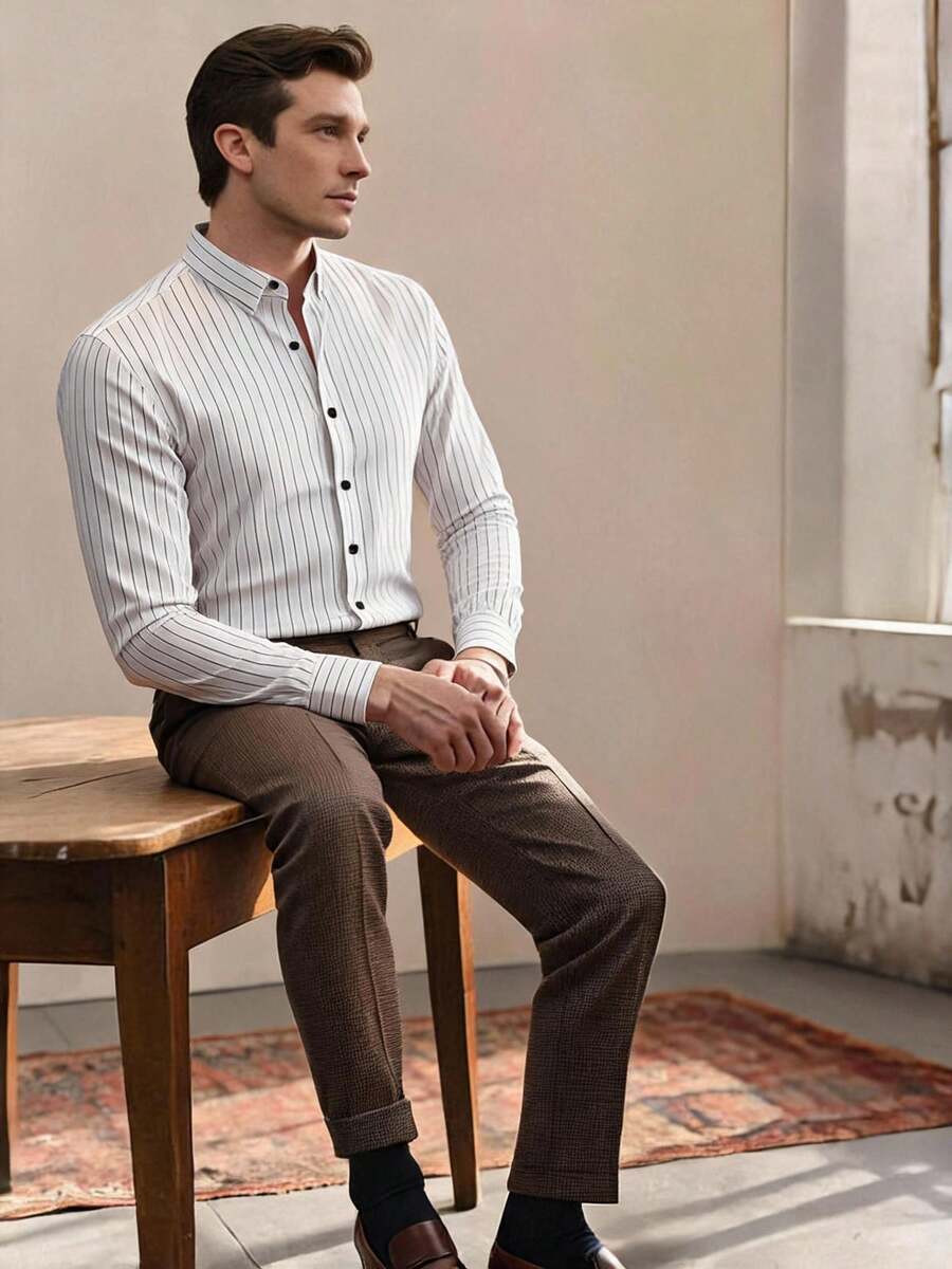 Camisa formal de manga larga con diseño de botones y ribete plateado con estampado de rayas para hombre, otoño