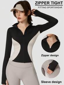 1 pieza Chaqueta deportiva de mujer con diseño de bloques de color, ajuste ceñido, elástica con cremallera, casual y de moda, para correr al aire libre, fitness, yoga y pilates, color negro - Negro - Ver 1