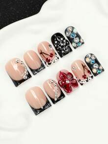 10pcs Pure Handmade French Press On Nails, Multi-Layer Gel Acrylic Fake Nails With 3D Cherry & Flower & Rhinestone & Cow Print Design, Removable Reusable Y2K Bad Girl Style Nail Tips, Including Tool Kit, Perfect For Daily & Party Wear - Multicolor - View 1