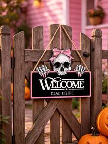 Pink Gothic Skull Welcome Sign, "Welcome Dead Inside" Text, Pink Skull Design, Suitable For Halloween Themed Parties, Halloween Surprise Party Decorations, Home Decor, Porch Decor, Haunted House Decor, Garden And Gothic Style Home Decor - One Size Fits All - View 4
