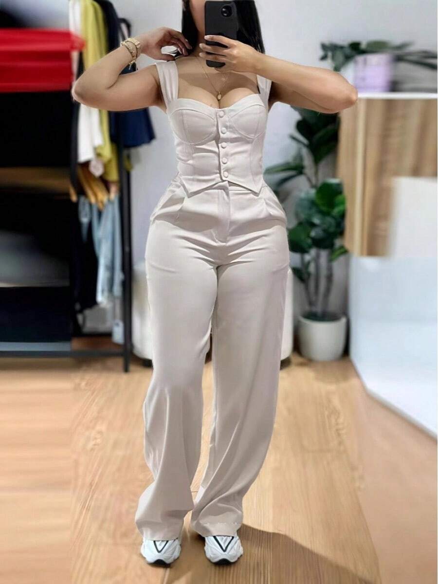 New Women's European And American Style Outfit, Fitted Crop Top With Straps And Wide-Leg Pants, Elegant And Casual Look For Curvy Women - 象牙白 - 查看 1