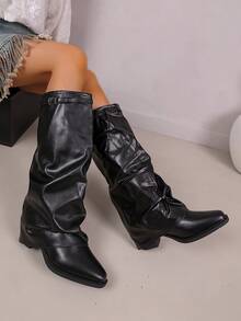 Women's Black Knee-High Boots, Ruched Fold Design, Buckle Strap Pointed Toe Low Chunky Heel Fashion Boots - Black - View 3