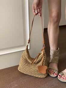 2026 New Woven Bag For Women, Fashion Hollow Breathable Versatile Crossbody Bag, Large Capacity Vacation Beach Shoulder Bag - Khaki - View 10