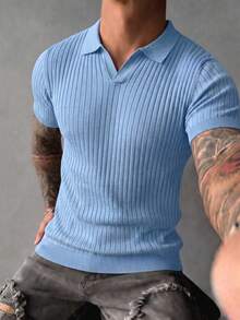 Men's Classic Ribbed Knit Polo Short Sleeve Shirt, Solid Color, Suitable For Summer Outings, Fashion Essential - Baby Blue - View 5