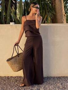 Conjunto de verano para mujer - Top de camiseta blanca con volantes y pantalones casuales, conjunto de 2 piezas para estar en casa - Caqui - Ver 7