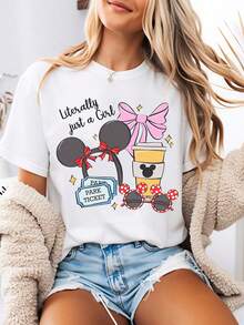 Damen-T-Shirt im Disney-Stil mit Cartoon-Motiven von Disney-Mädchen mit Brillen, Lebensmitteln und Schleifen. Geeignet für den täglichen Gebrauch, Outdoor-Aktivitäten oder Einkaufstouren. - Weiss - Übersicht 1