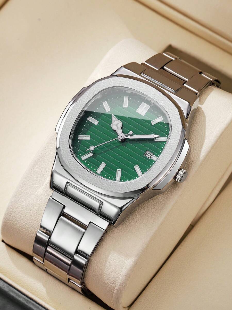 Men's Classic Fashion Square Striped Scale Calendar Dial Business Versatile Quartz Wristwatch, Gift For Boyfriend (1pc/Set) Watch Box Not Included - Silver - View 1