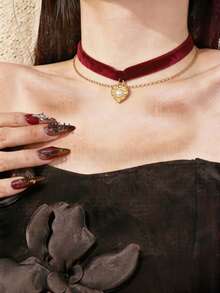 1pc Women's Fashion Vintage Court Style Choker Heart Pearl Velvet Chain Personalized Neck Chain Collar Necklace - Multicolor - View 5