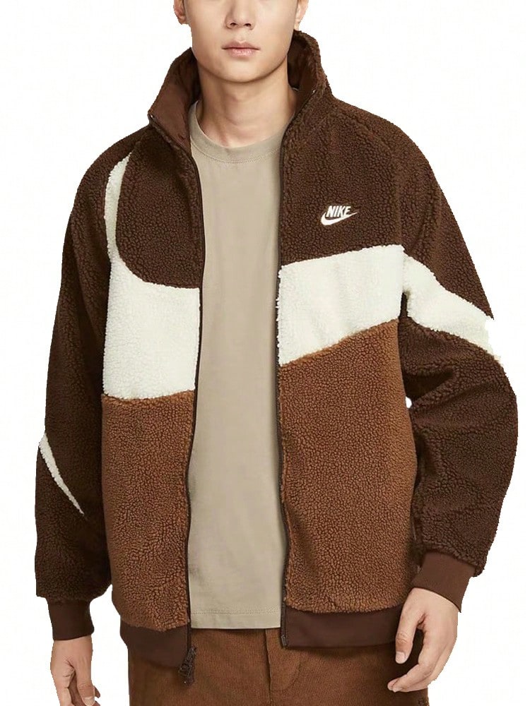 Nike Sportswear Swoosh Reversible Stand Collar Zip-Up Fleece Jacket For Men, Surprise Cocoa Color BQ6546-259 - 卡其色(雙面穿) - 查看 1