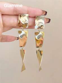 1 par de pendientes largos de barra geométrica metálica brillante, pendientes elegantes de moda casual exagerada y versátil para fiesta de graduación, vacaciones y fotos - Dorado - Ver 6