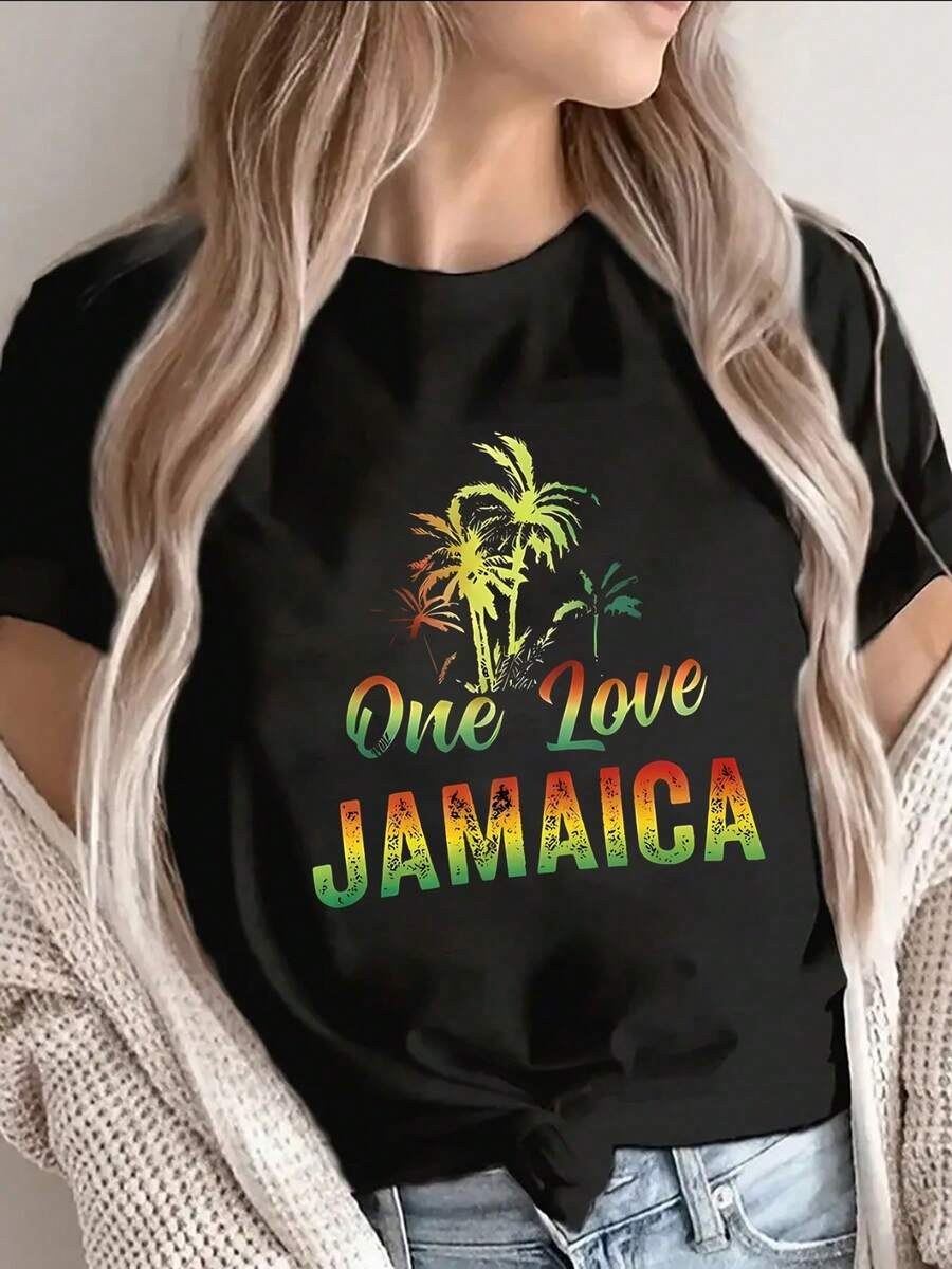 Lightweight And Durable Short-Sleeved T-Shirt With A "One Love" Jamaica Palm Tree Design, Ideal For Casual Outings, Beach Trips, Or Relaxing At Home; Bright Colors And A Comfortable Fit - 黑色 - 查看 1