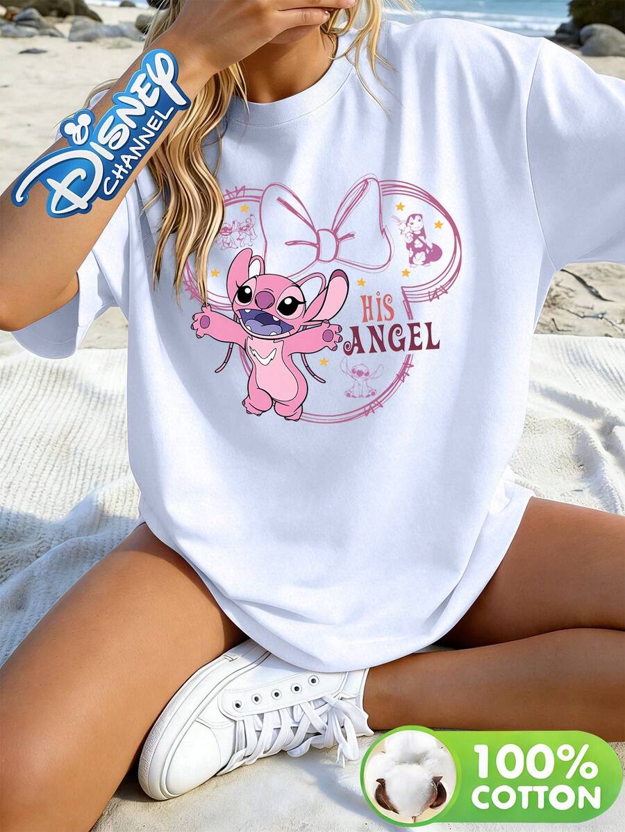 Disney Lilo & Stitch "His Angel" Pink Print Crew Neck Tee, Cute Cartoon Character Casual Graphic Top - 白色 - 查看 1
