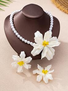 3pcs/Set Fashion Bohemian Style Acrylic Pearl Flower Pendant Necklace And Earrings Set, Suitable For Women's Summer Vacation Wear - White - View 2