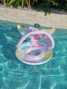 1pc Purple Starry Pattern Mermaid Tail Shaped Kids Swim Ring With Sunshade - Multicolor - View 3