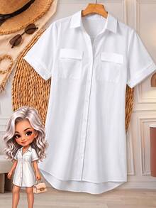 Gaun Kemeja Wanita Lengan Pendek Longgar Warna Putih dengan Saku Dada dan Kancing, Desain Kerah Lipat, Cocok untuk Musim Panas - Putih - View 5