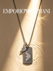 Armani 男士項鍊，鷹標誌雙狗牌設計，不鏽鋼小眾奢華禮物送男友，百搭層疊可調節男士飾品 - 銀色 - 查看 1