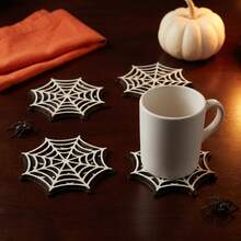 4/12/100pcs Set Tatakan Gelas Kayu Motif Jaring Laba-laba Gotik, Menampilkan Desain Jaring Laba-laba Hitam Putih Berlubang, Sempurna untuk Dekorasi Halloween di Rumah, Dapur, dan Bar. - MultiWarna - View 2