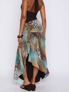 Summer Leopard Snake Zebra Mixed Print Wrap Long Skirt, Asymmetrical Ruffle Tie Waist Sheer Sarong Skirt, Beach Vacation, Date, Valentine's Day, Concert Nightclub Party Outing - Multicolor - View 4