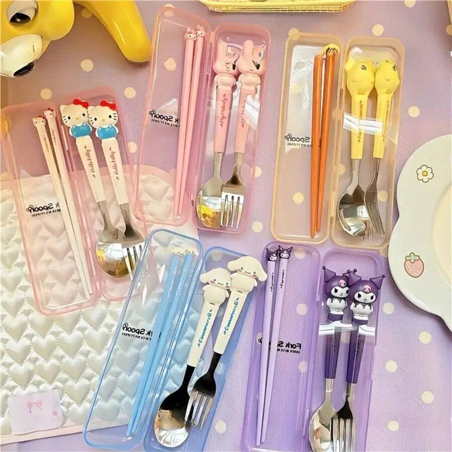 3件組 Sanrio Hello Kitty 卡通可愛 Kuromi 新款筷子湯匙叉子套組，餐具，可愛 My Melody 和 Cinnamoroll 學習餐具，筷子，適合居家用餐、野餐、學習筷子，筷子、湯匙、叉子，完美禮物，生日禮物，開學季