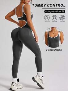 1pc Sleeveless Backless Contrast Color Sports Jumpsuit, U-Neckline, Soft Skin-Friendly Fabric, Tight Fitness Training Jumpsuit, Butt Lifting Tummy Control Yoga Jumpsuit, Suitable For Women Yoga, Fitness, Running And Daily Wear - Dark Grey - View 1