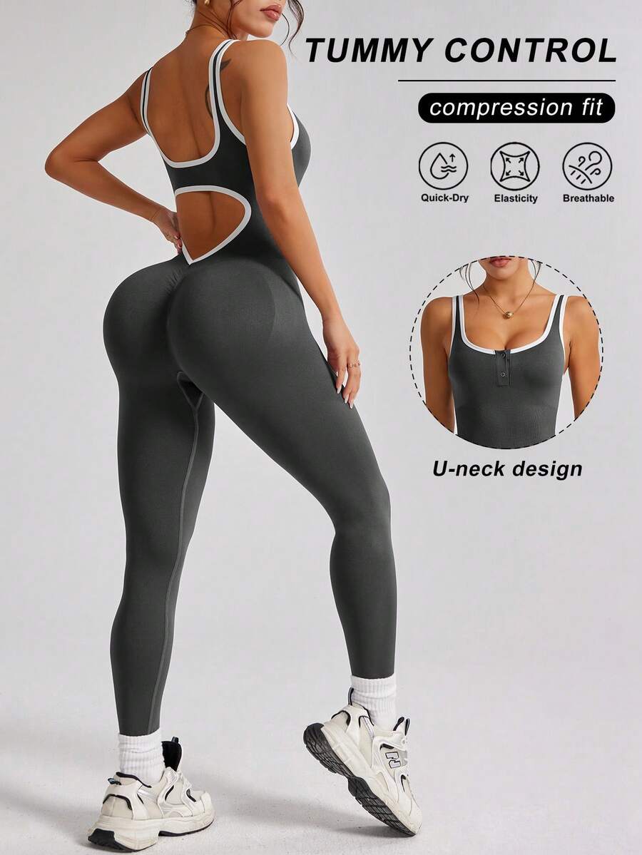 1pc Sleeveless Backless Contrast Color Sports Jumpsuit, U-Neckline, Soft Skin-Friendly Fabric, Tight Fitness Training Jumpsuit, Butt Lifting Tummy Control Yoga Jumpsuit, Suitable For Women Yoga, Fitness, Running And Daily Wear - Dark Grey - View 1