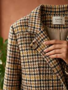Women's Checkered Tweed Blazer, Casual Elegant Checkered Pattern With Buttons On The Front. - 棕色 - 查看 9
