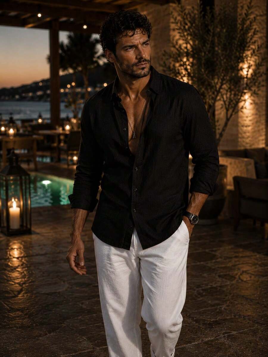 100% Cotton Linen, Breathable, Lightweight, Button-Down Collar, Men's Linen Shirt - Black - View 1