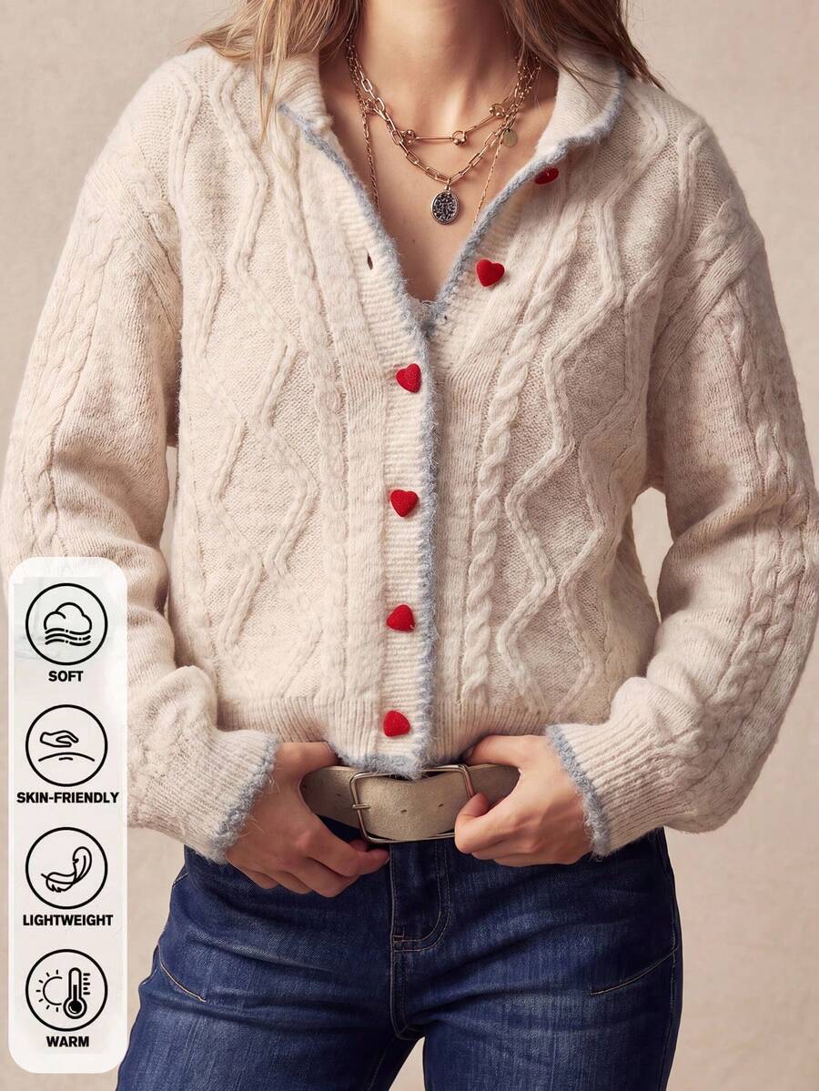 Cardigan Rajut Kancing Bentuk Hati, Sweater Rajut Kabel Klasik untuk Hadiah Natal & Musim Dingin - Aprikot - View 1