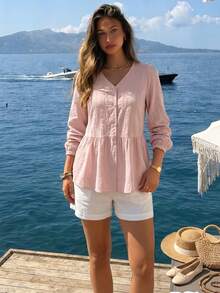 Women's Sweet V-Neck Long Sleeve High Waist Embroidered Blouse Tops, Suitable For Commuting In Spring And Autumn - Dusty Pink - View 3