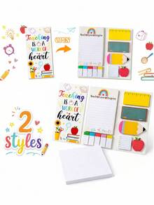 2pcs - Back To School Sticky Notes - Ruler, Blackboard, Pencil, Apple Shaped Self-Adhesive Memo Pads "Teaching Is A Work Of Heart, First Day Of School - Multicolor - View 2
