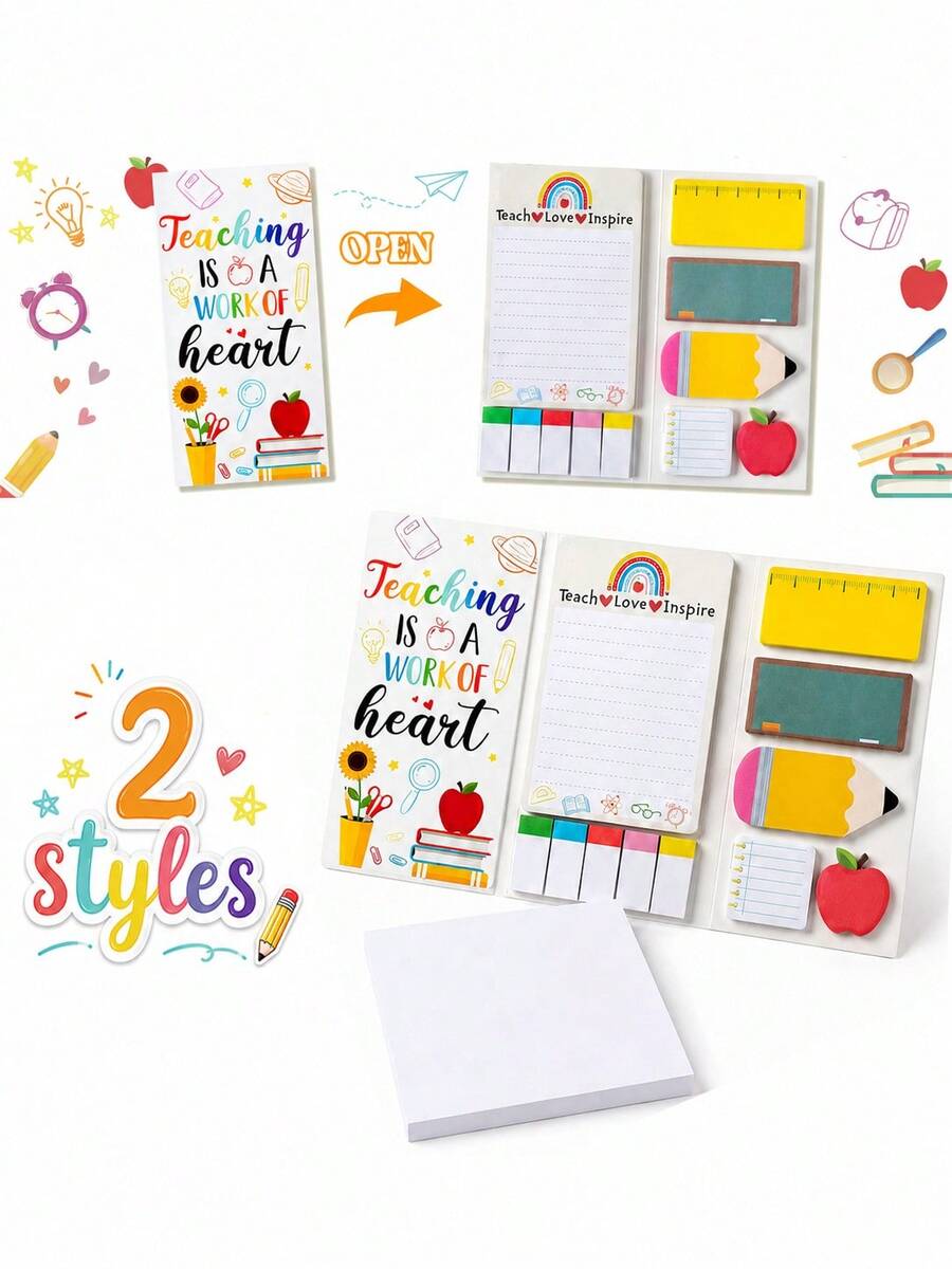 2pcs - Back To School Sticky Notes - Ruler, Blackboard, Pencil, Apple Shaped Self-Adhesive Memo Pads "Teaching Is A Work Of Heart, First Day Of School