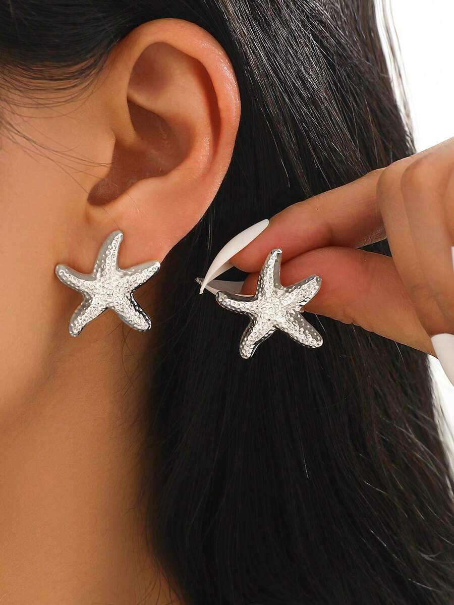 1對度假風復古極簡海洋海星耳環,百搭時尚優雅星形耳釘,適合女性 - 銀色 - 查看 1