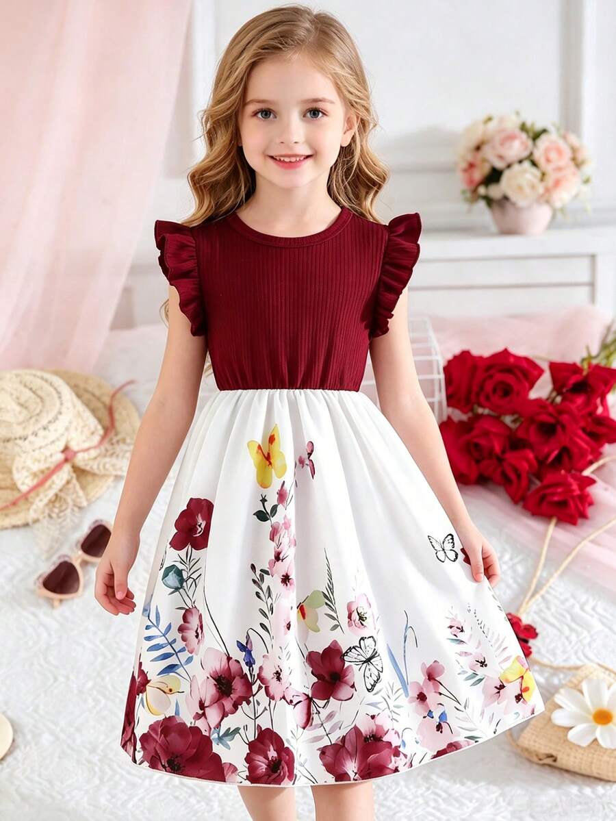 Tween Girls Elegant Floral Print Patchwork Short Cap Sleeve Casual Dress, Summer - Red - View 1