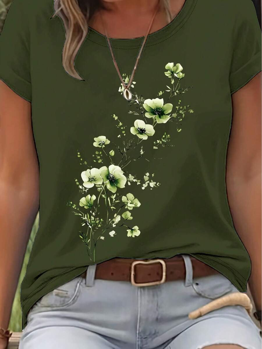 Elegant Watercolor Floral Print T-Shirt + Short Sleeves + Round Neck + Casual Spring And Summer Clothing For Women - 軍綠色 - 查看 1