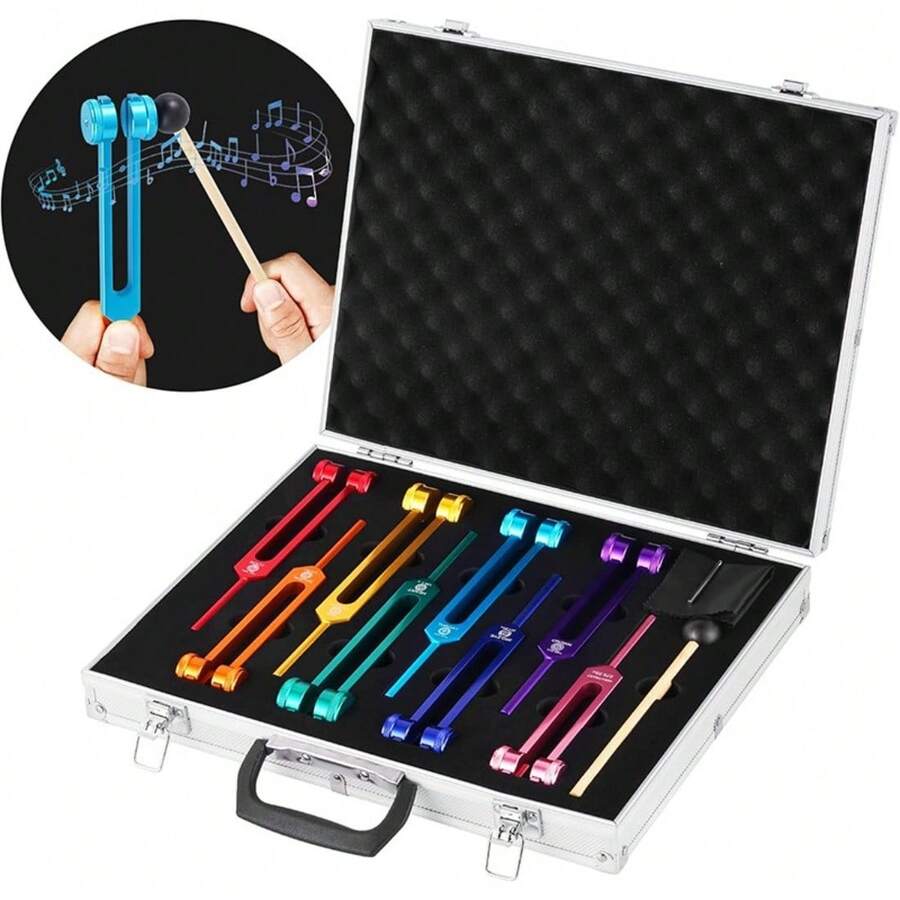 [Independence Day Gifts] 8-Color Tuning Fork Set With Activator Mallet Base Chakra Tuning Fork Set Aluminum Alloy Material Sound Therapy Activator Chakra Healing For DNA Healing, Sound Therapy, Yoga, Reiki - 8-piece Set Of Colored Tuning Forks - View 1