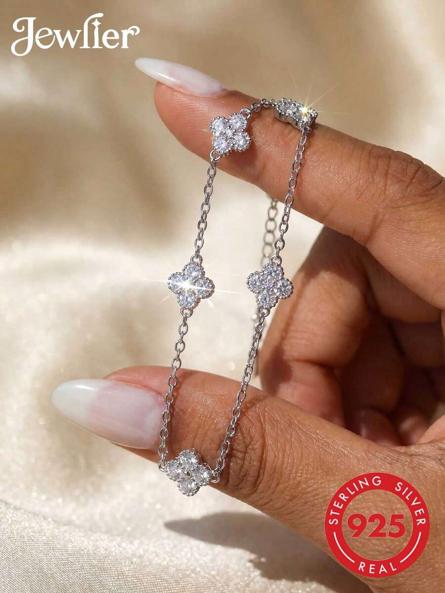 1 pieza Pulsera de trébol de cuatro hojas de plata de ley 925, uso diario y regalo para fiestas de las mujeres, diseño original, joyería fina y encantadora de estilo vintage