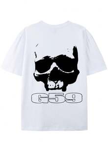 Men G59 Skull With Sunglasses Front Back Print Graphic T-Shirt, Y2K Grunge Hip Hop Oversized White Streetwear Tee - 白色 - 查看 3